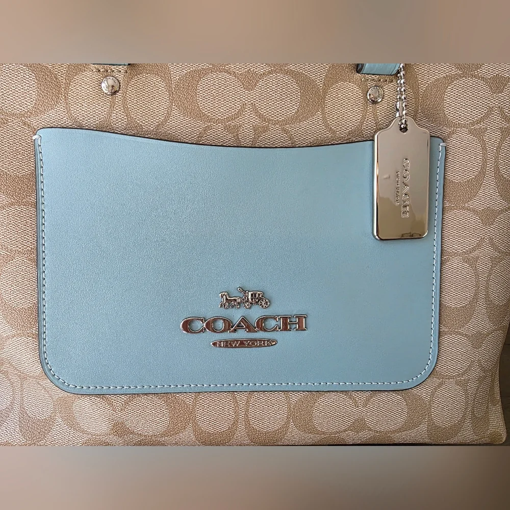 Coach Emma Satchel Crossbody Signature Coated Canvas Light Blue Leather Accents - Picture 11 of 15